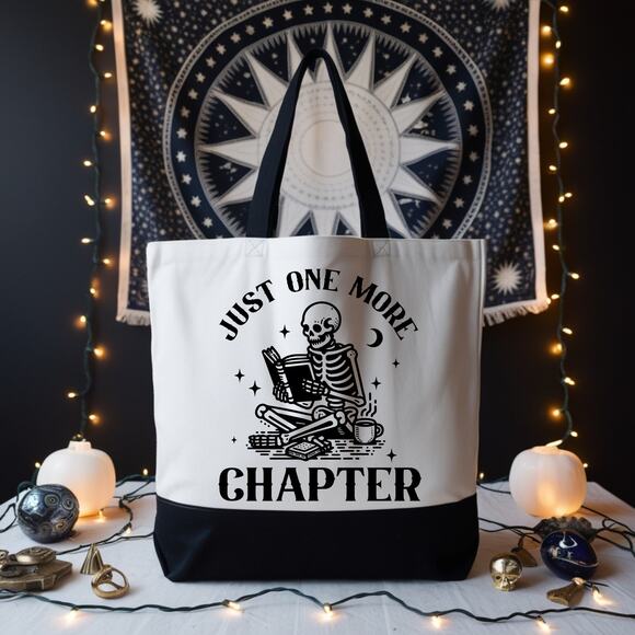 Just One More Chapter Skeleton Reader Tote Bibliophile Book Bag - Picture 2 of 5